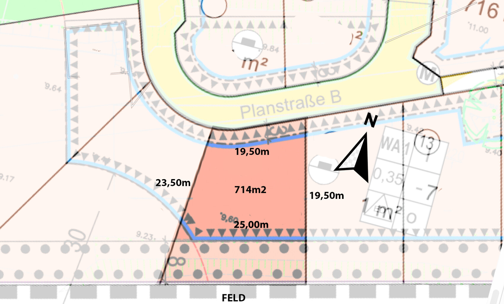 Plot map: red-marked parcel 714 m2 with dimensions 23.5, 19.5, 25.0 m, north arrow.
