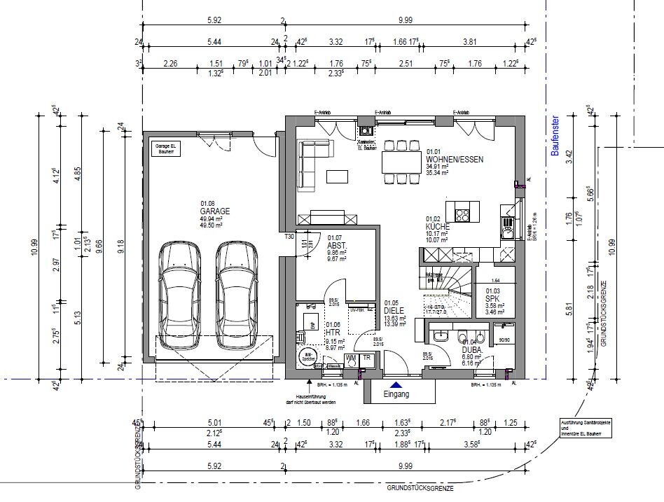 Floor plan of a house: garage on the left, living/dining area, kitchen, hallway, entrance.