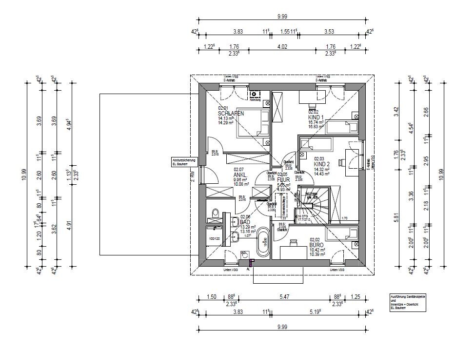 Floor plan of an upper floor: bedroom, two children’s rooms, bathroom, walk-in closet, office, stairwell.