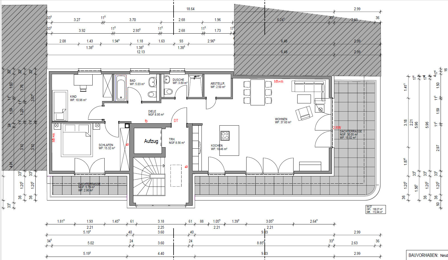 Floor plan of a residential building: bedroom, children's room, bathroom, kitchen, living room, elevator, roof terrace.