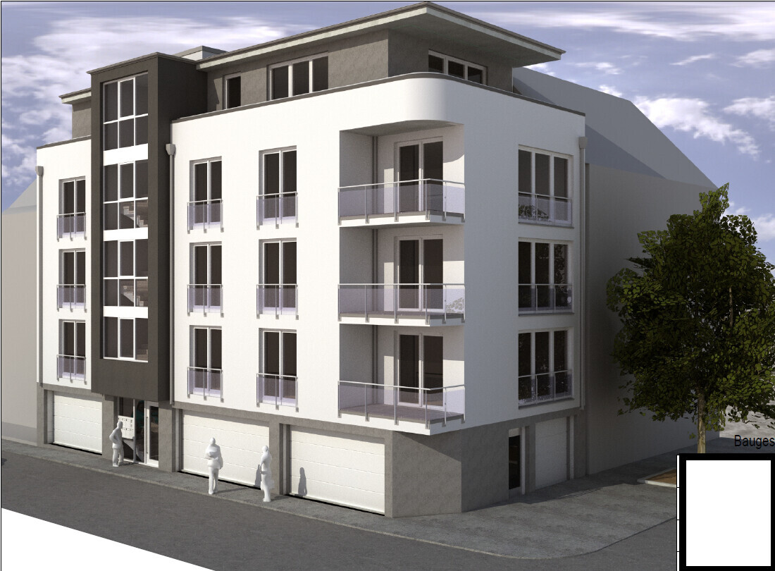 Modern multi-family house with white facade, balconies, and garages on the ground floor.