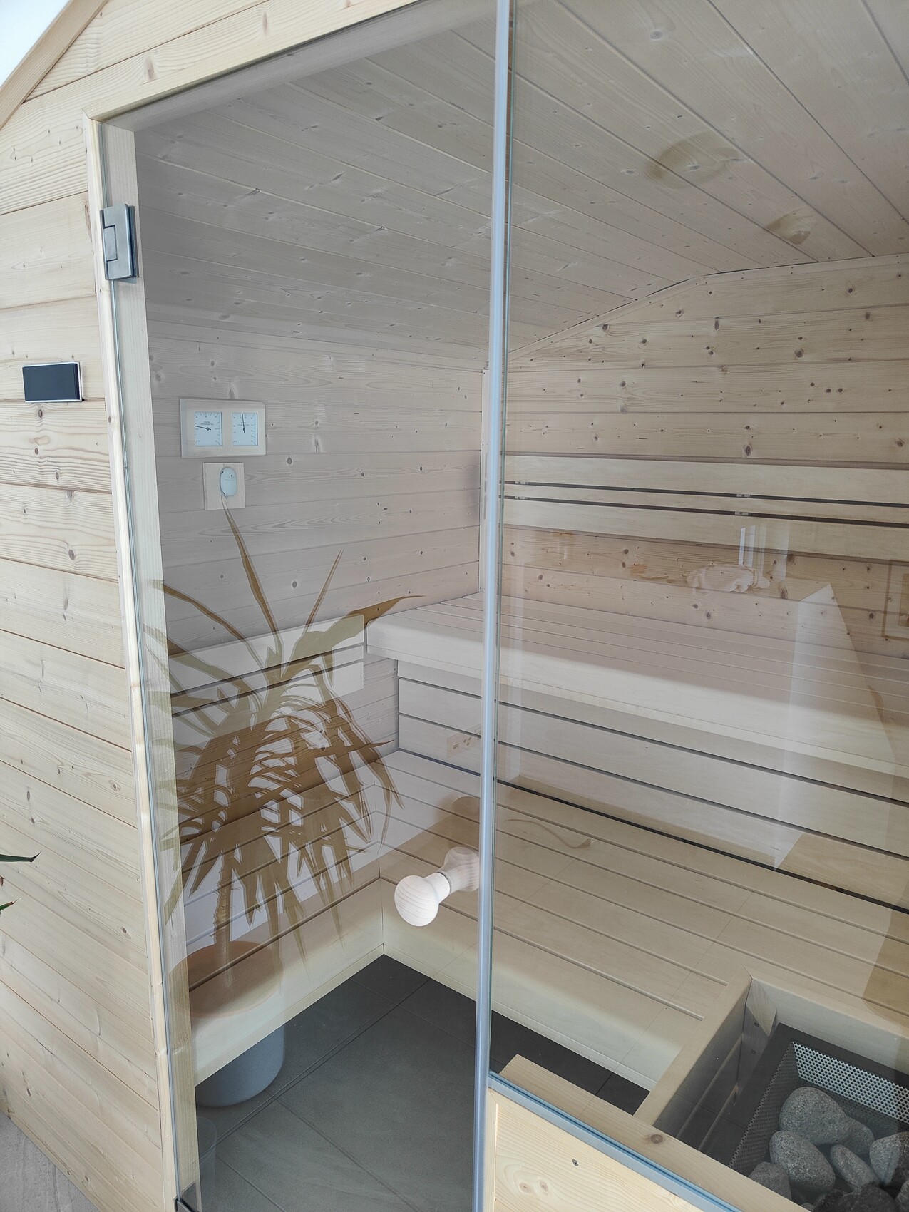 Bright wooden sauna with glass front, wooden benches, heater with stones, plant reflected in glass.