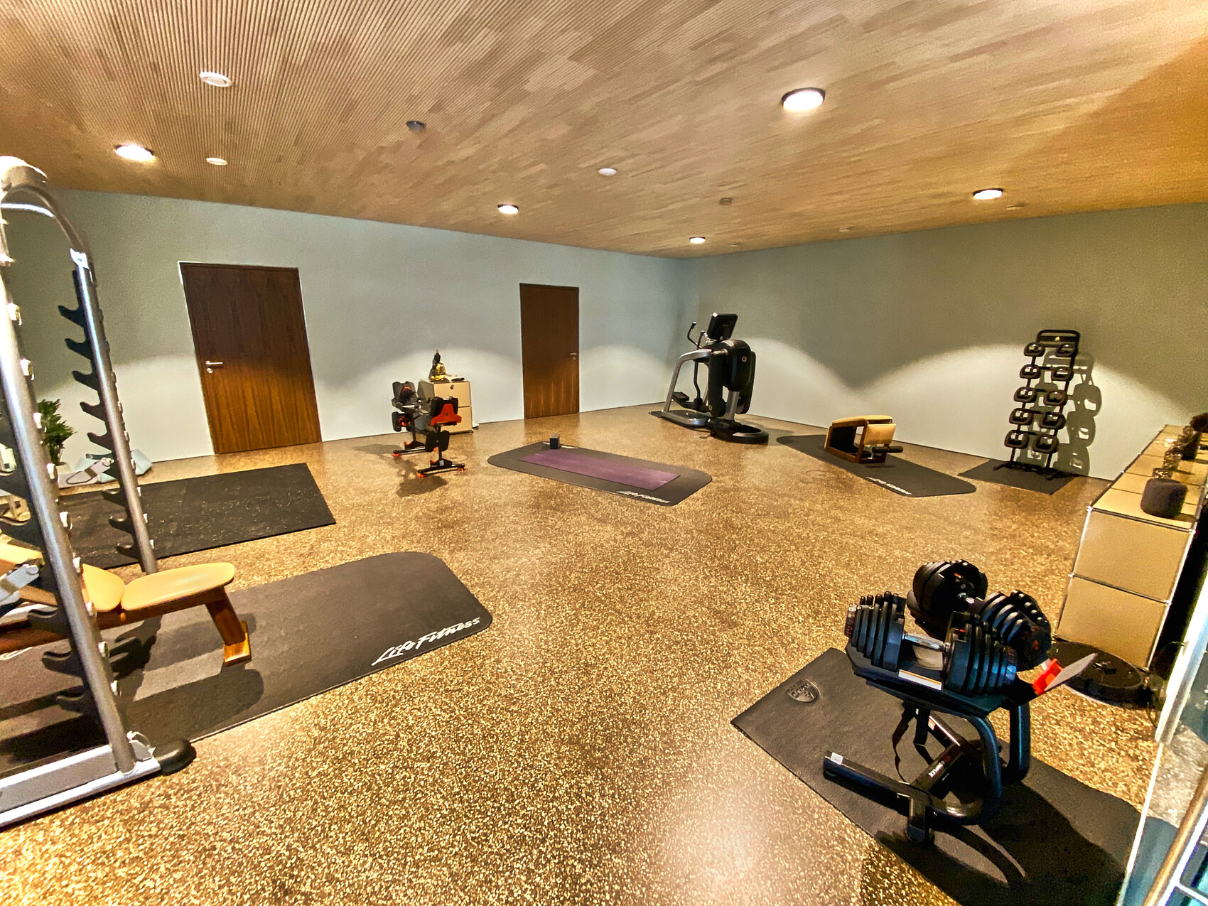 Private gym room with weight bench, mat, dumbbells, weights, treadmill and dumbbell rack