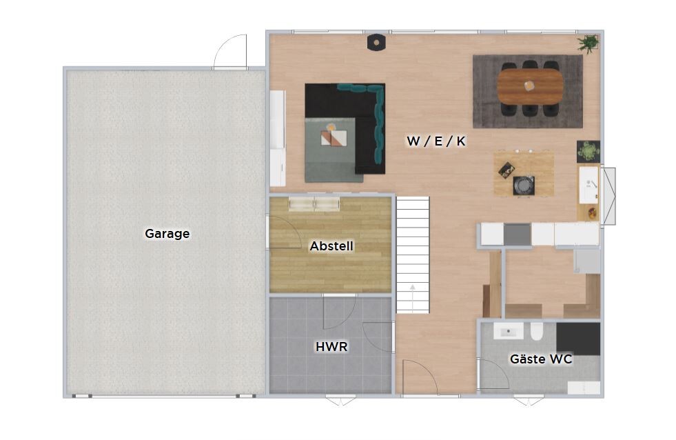 Grundriss eines Hauses: Garage links, Abstellraum, HWR, Wohn-/Essbereich, Küche, Gäste-WC.