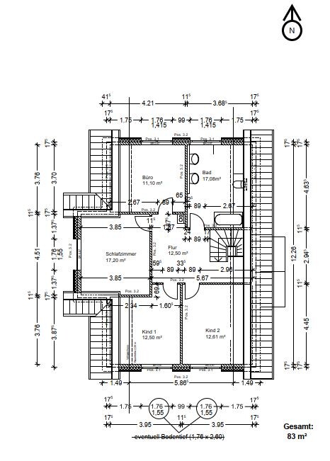 Floor plan of an 83 m² (approximately 893 sq ft) apartment with office, bedroom, 2 children’s rooms, bathroom and hallway.