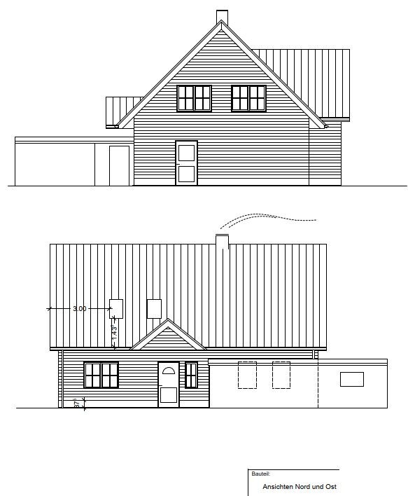 Two-story house with gable roof and garage; north and east elevation.