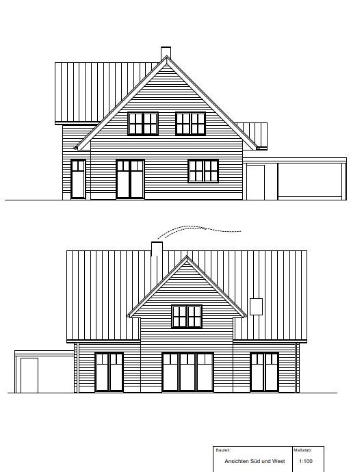 Two-story house with gable roof; south and west elevation, windows, doors, extension.