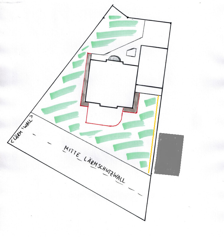 Floor plan of a building in green area with red border and noise barrier wall.