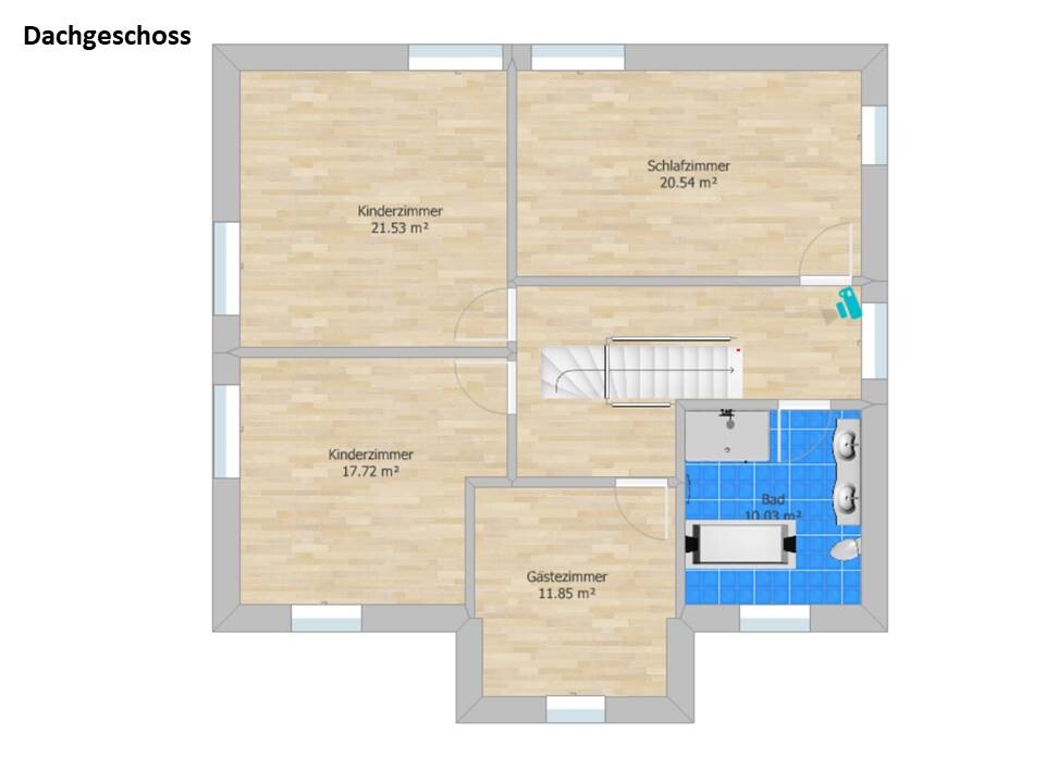 Attic floor plan with 4 rooms: 2 children’s rooms, bedroom, guest room, bathroom, stairs.