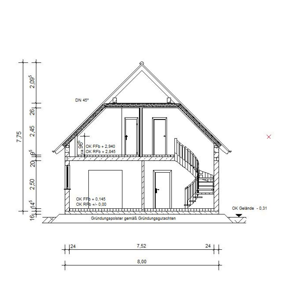 Cross-section of a two-story house with roof, staircase on the right and measurements.