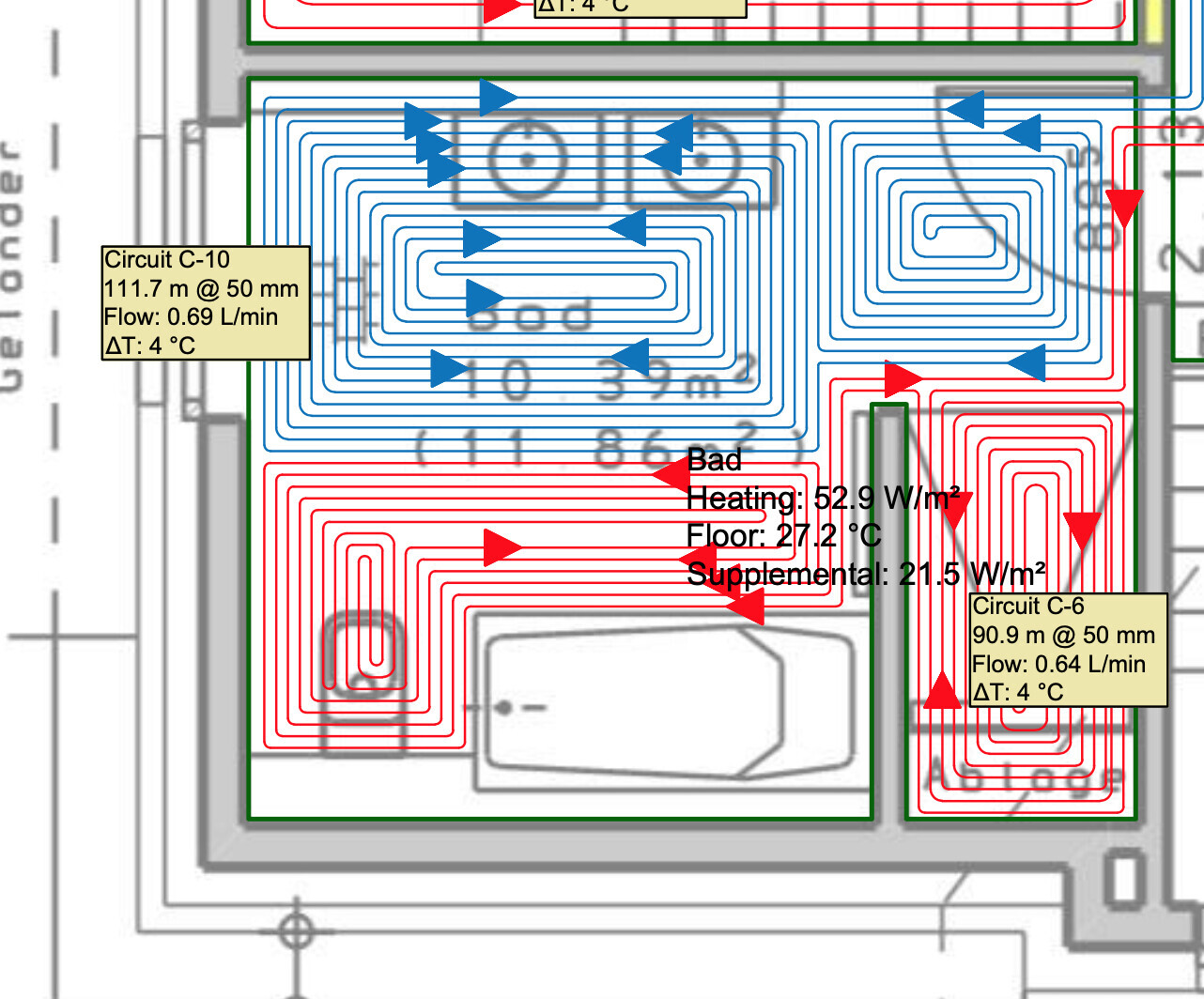 Floor plan with underfloor heating loops in blue and red