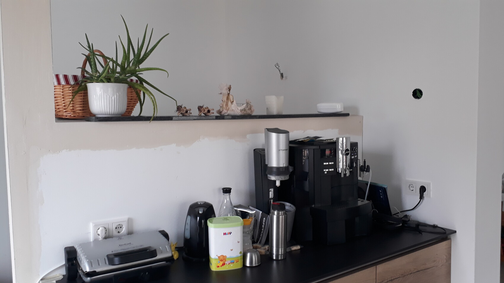 Coffee machine with grinder on kitchen countertop, plant in pot on the left, decorative objects.