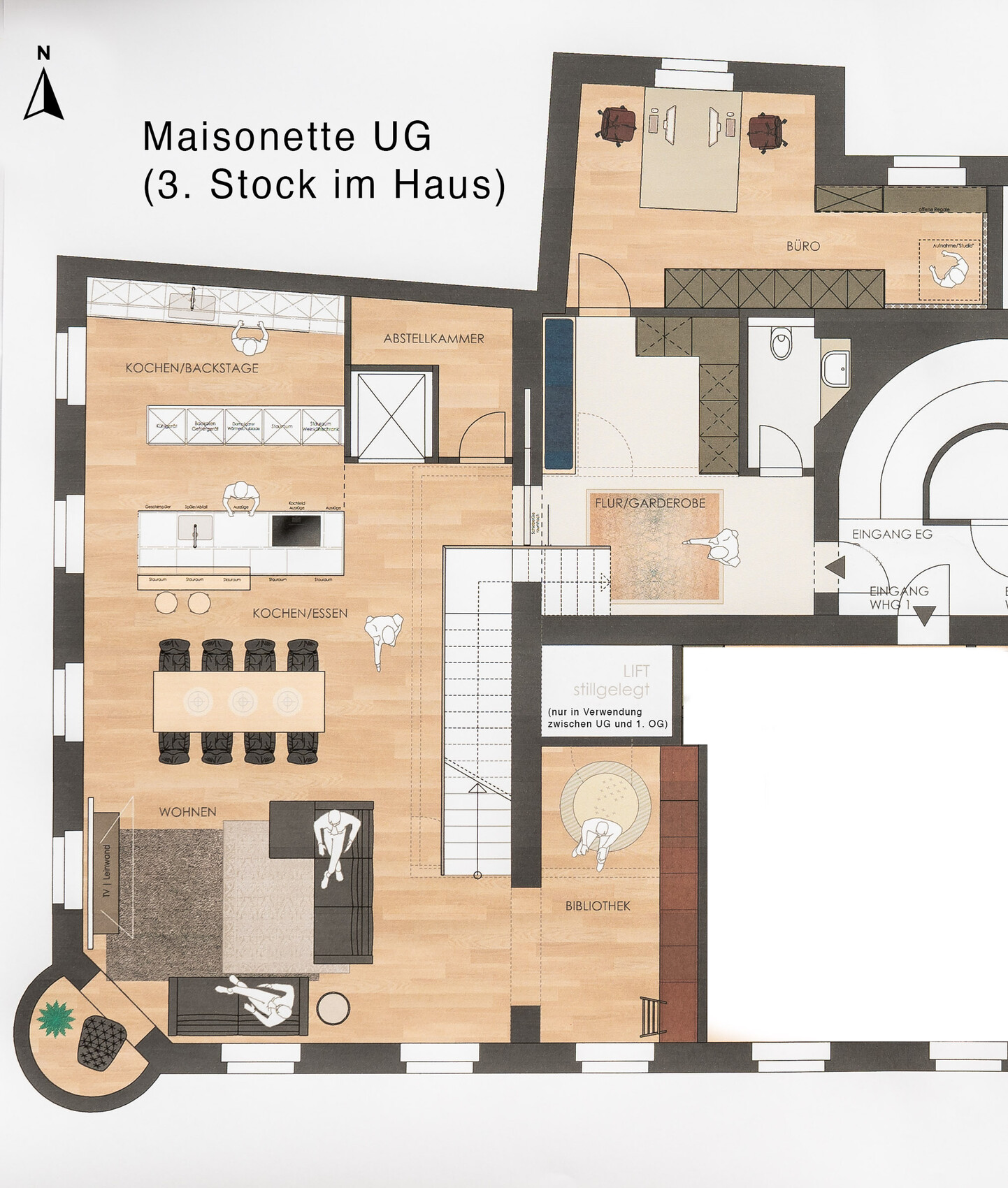 Floor plan of the maisonette basement level: kitchen/dining, living, library, office, hallway/wardrobe, entrance.