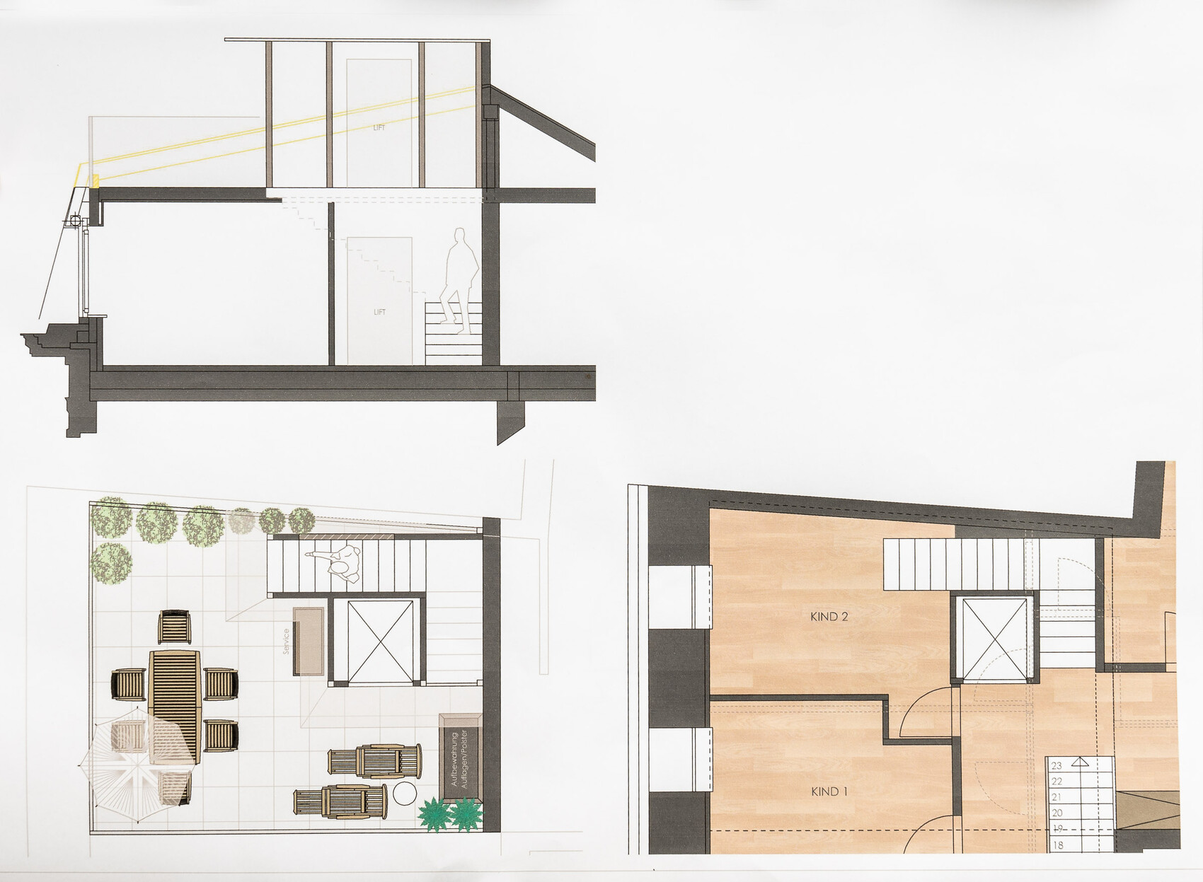 Architectural section of the building with elevator and stairs, terrace with garden furniture, floor plan CHILD 1/2.