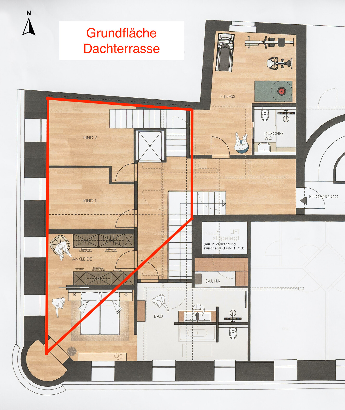 Floor plan: roof terrace with red outline; left children’s bedroom, walk-in closet and bedroom.