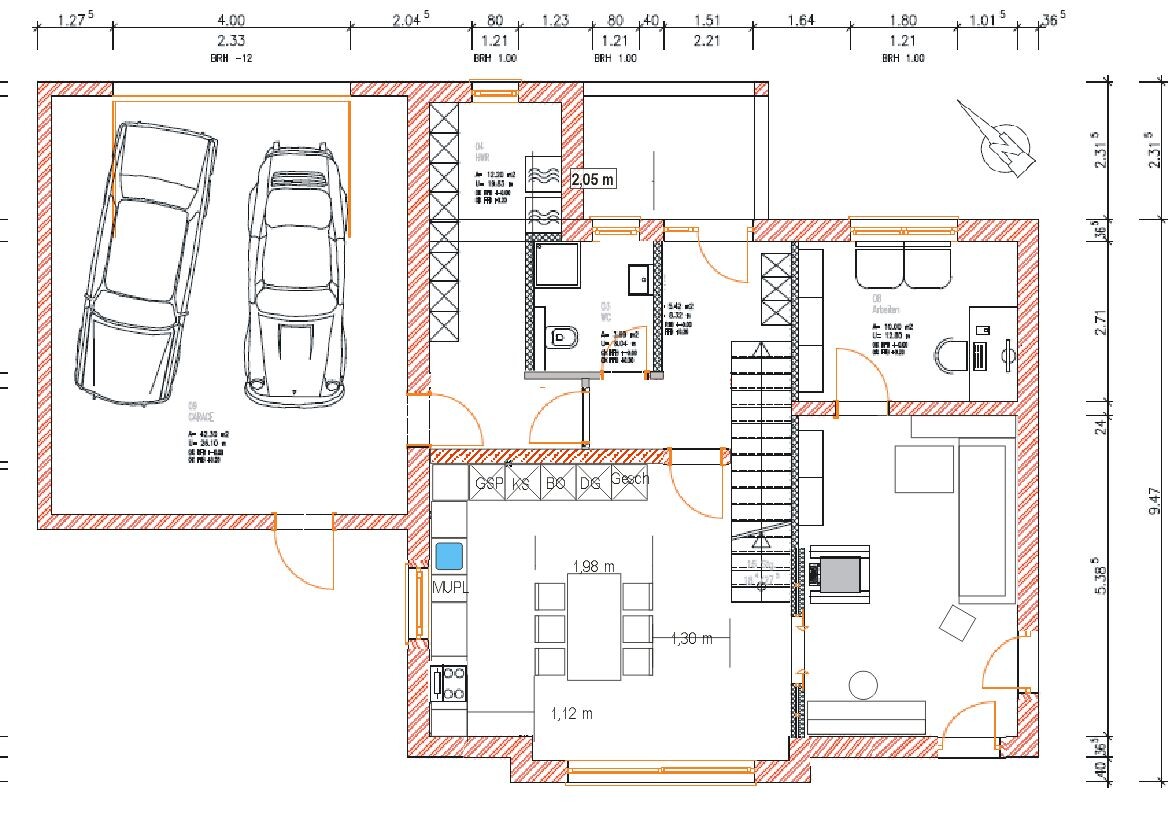 Floor plan of a single-family house with garage, kitchen, dining area, living room, and stairwell.