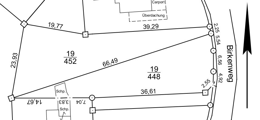 Site plan of a plot with parcels 19/452 and 19/448 on Birkenweg.
