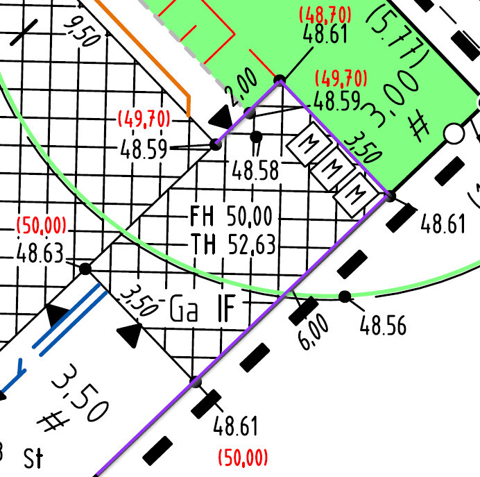Top view of a technical site plan with grid, coordinates, and colored lines (purple, green, blue, orange)