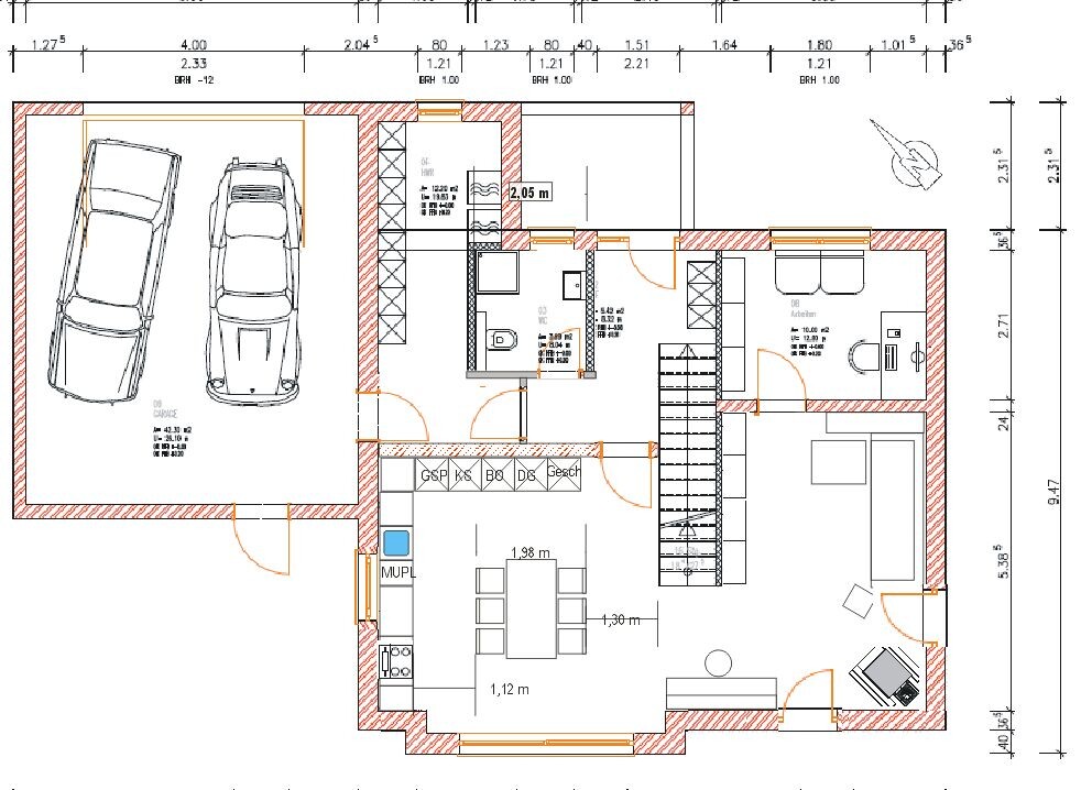 Floor plan of a single-family house with garage, kitchen, dining area, living room, and stairs.