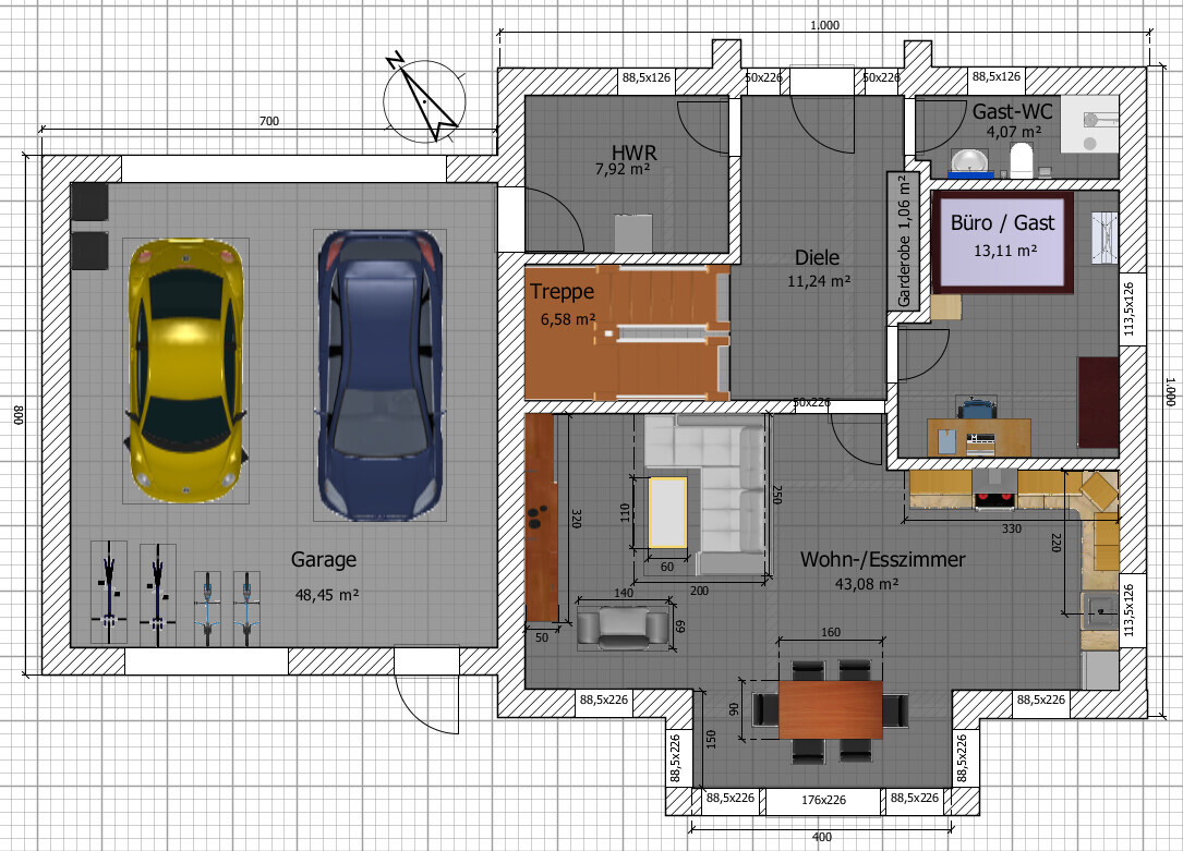 Floor plan: Garage for two cars, living/dining room, entrance hall, stairs, office/guest room, utility room, guest WC.