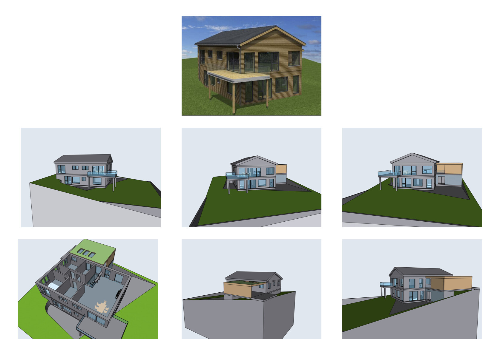 Collage of nine views of a house: photo of a wooden house at the top, further renderings below.