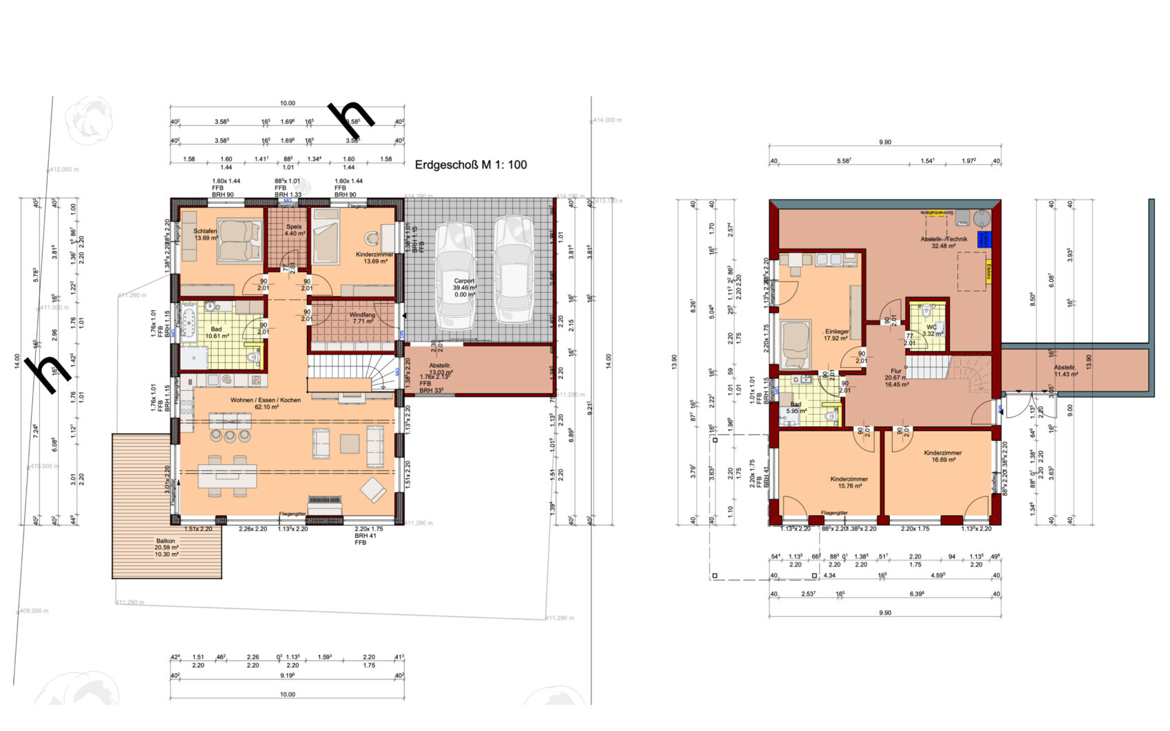 Floor plan of a house with ground floor and upper floor: living area, kitchen; bedrooms.