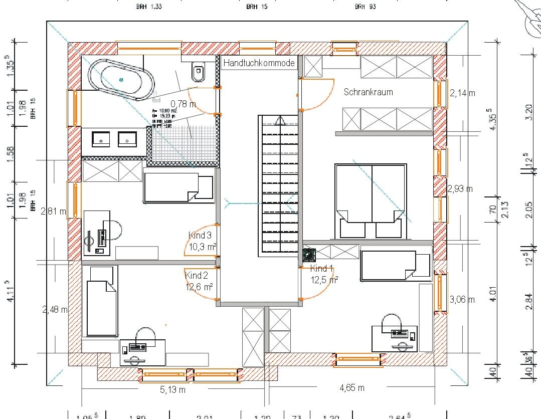 2D-Grundriss eines Hauses mit Schlafzimmern, Kinderzimmern, Treppen und Bad