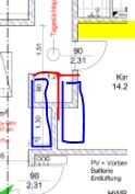 2D-Grundrissplan eines Hauses mit blau umrandeten Bereichen und gelben Markierungen