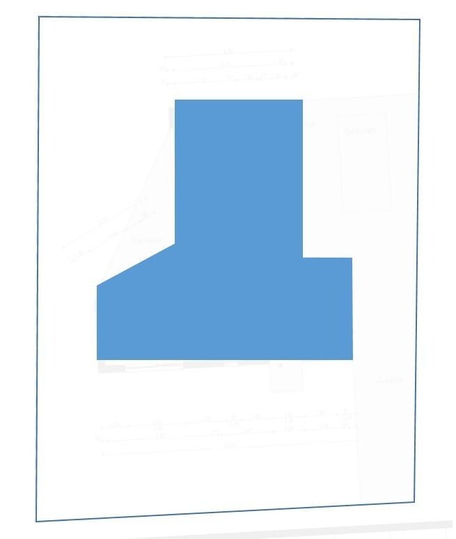 Blaues, abstraktes L-förmiges Blocksymbol auf weißer Seite mit blauem Rahmen.