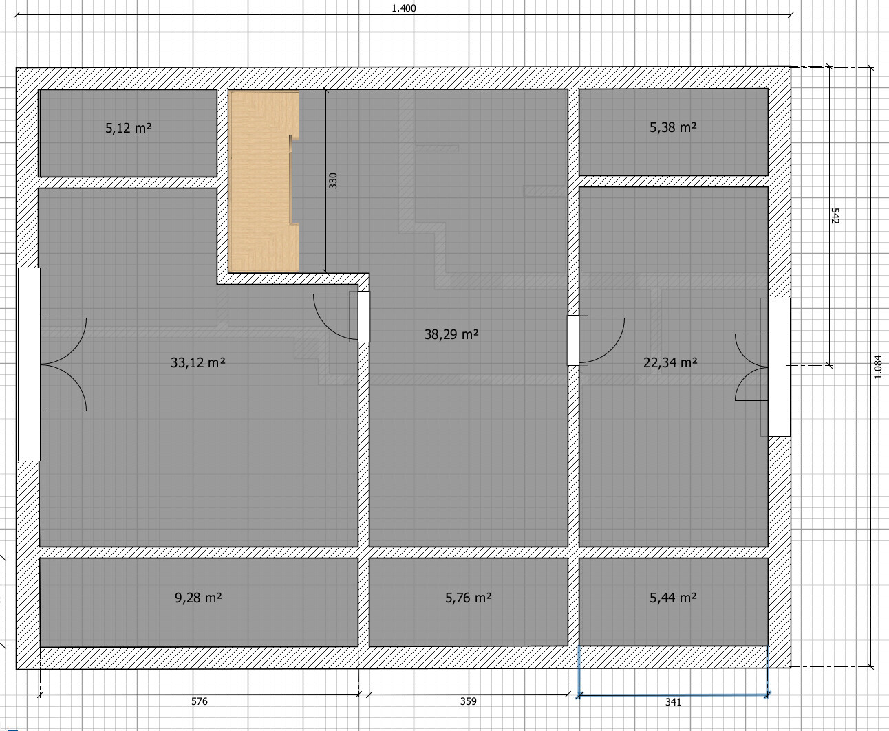 Floor plan of an apartment with several rooms and area measurements in m².