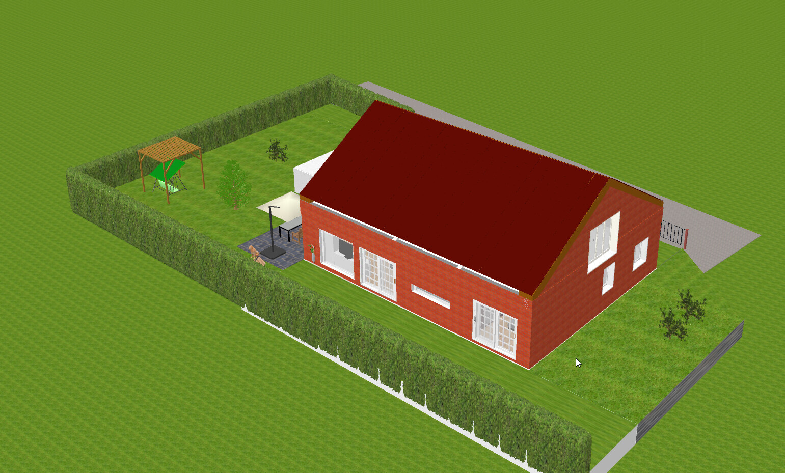 Red brick house with large red gable roof, garden behind hedge, seating area and pergola.