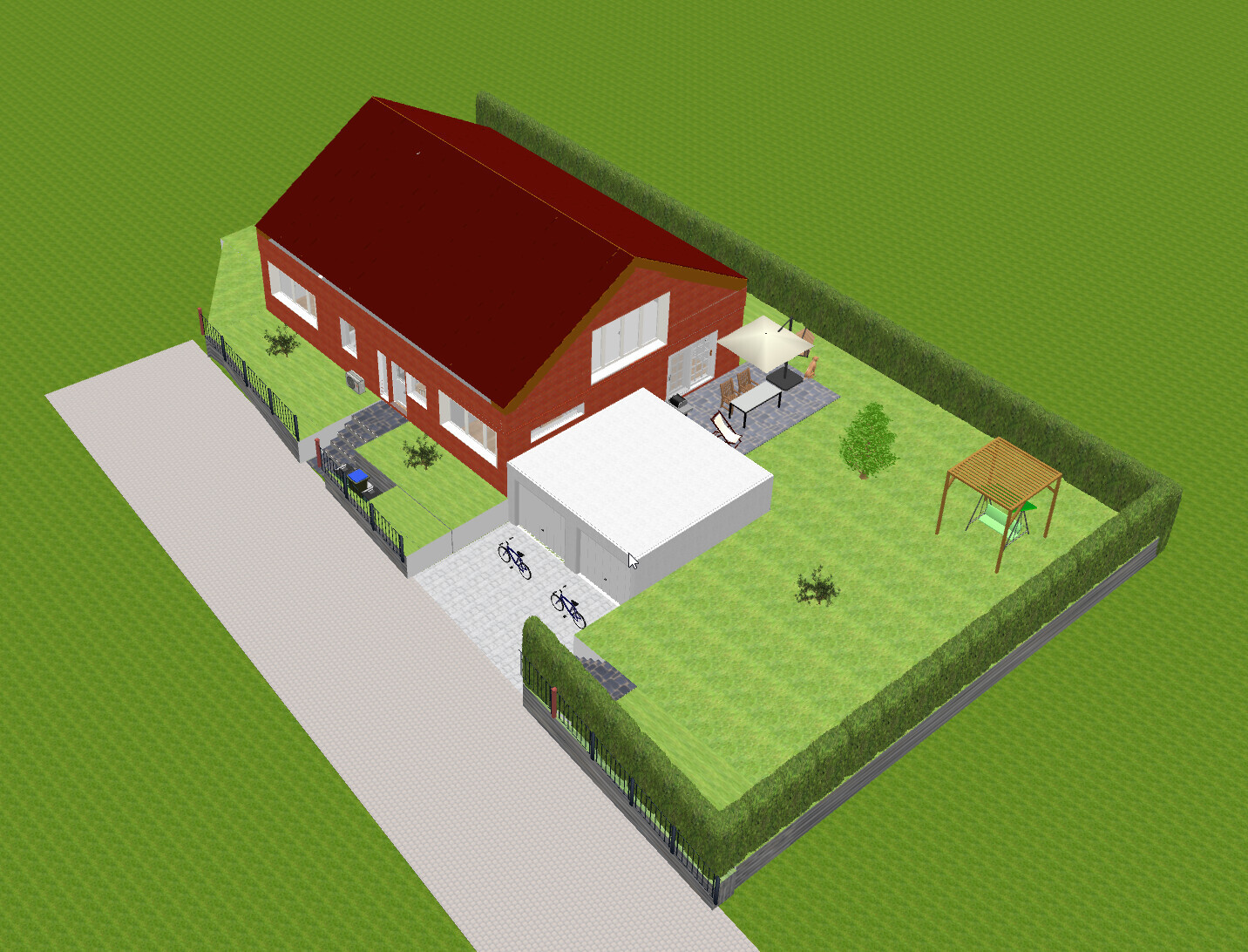 Isometric 3D view of a red single-family house with garage, garden and terrace.