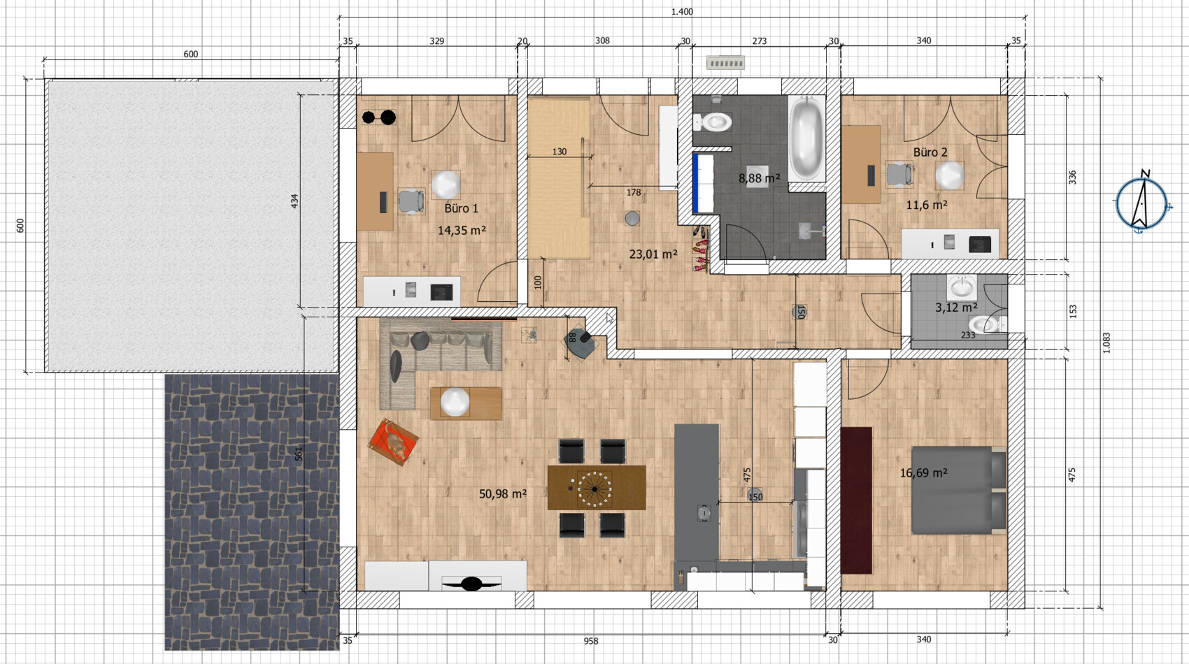 Floor plan of a residential house with two offices, large living area, kitchen island, bathroom, bedroom, hallway.