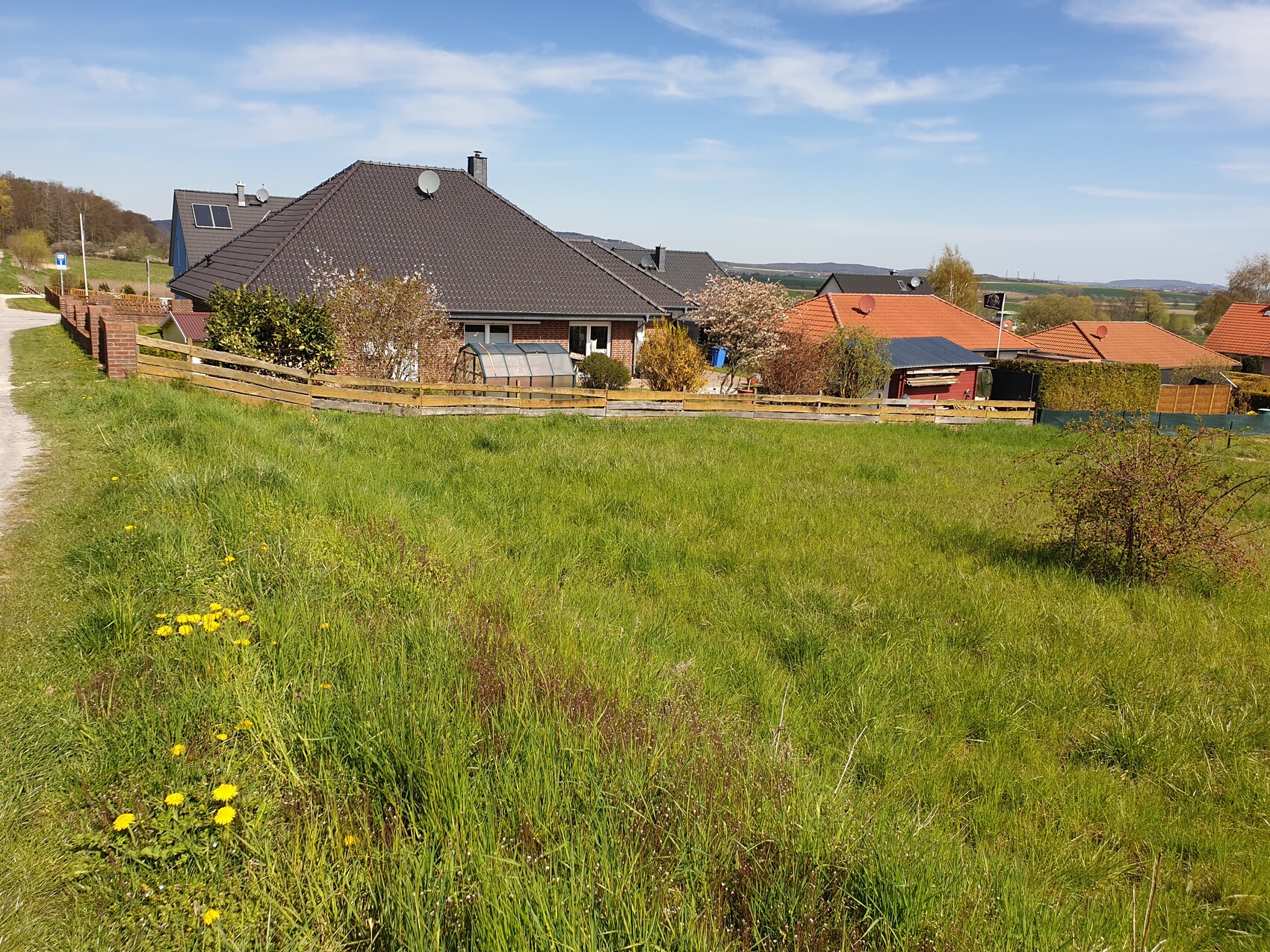 Green field in front of detached houses with tiled roofs, path at the edge, and blue sky.