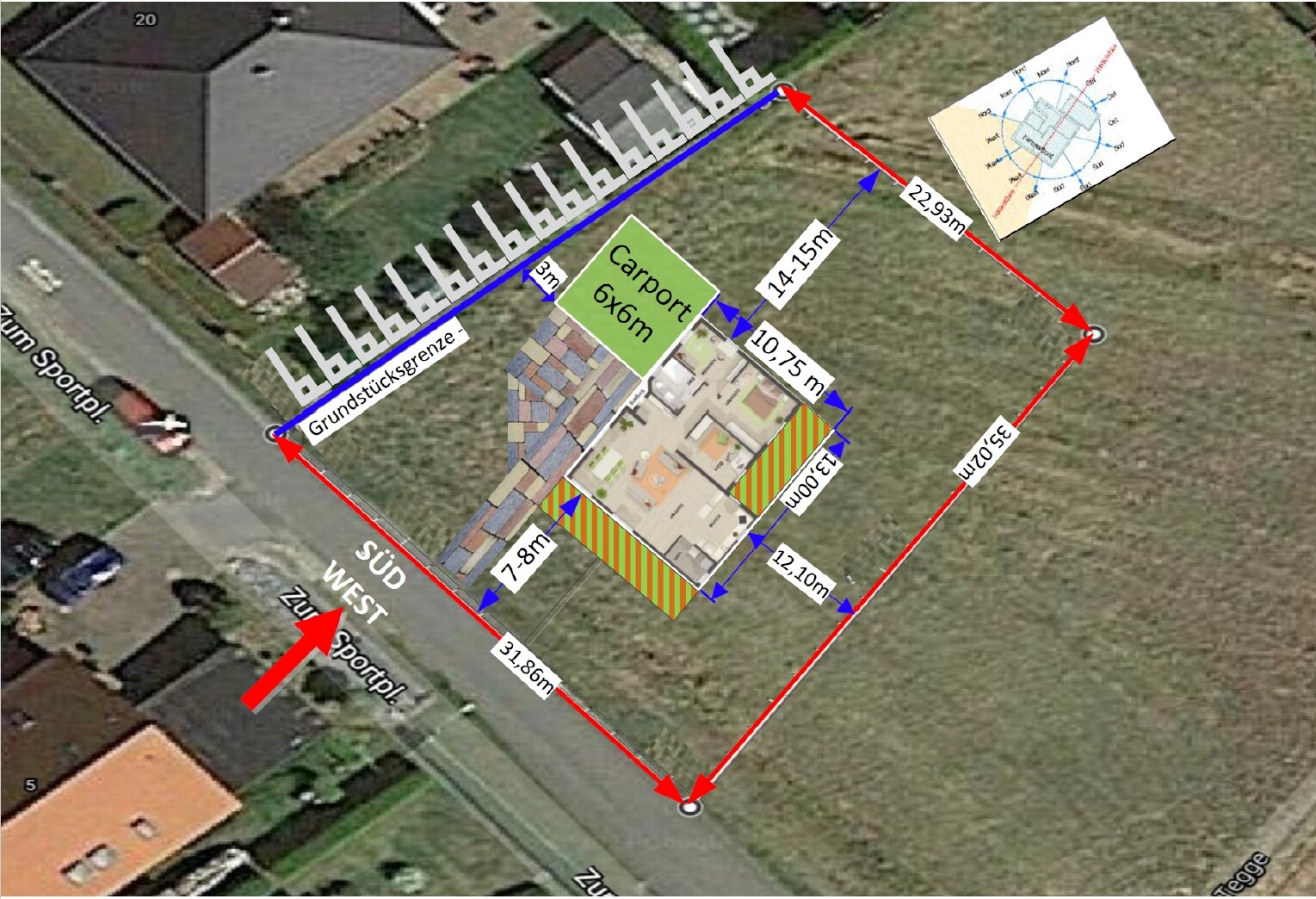 Aerial view of a plot plan with house, 6x6m (20x20 ft) carport and red boundary lines.