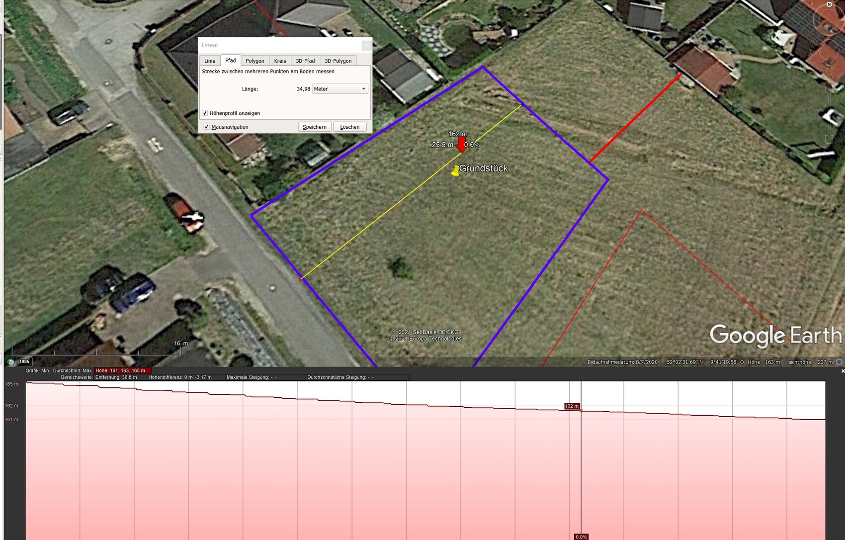 Aerial view of a plot with blue outline, yellow measuring line, and red boundary lines.