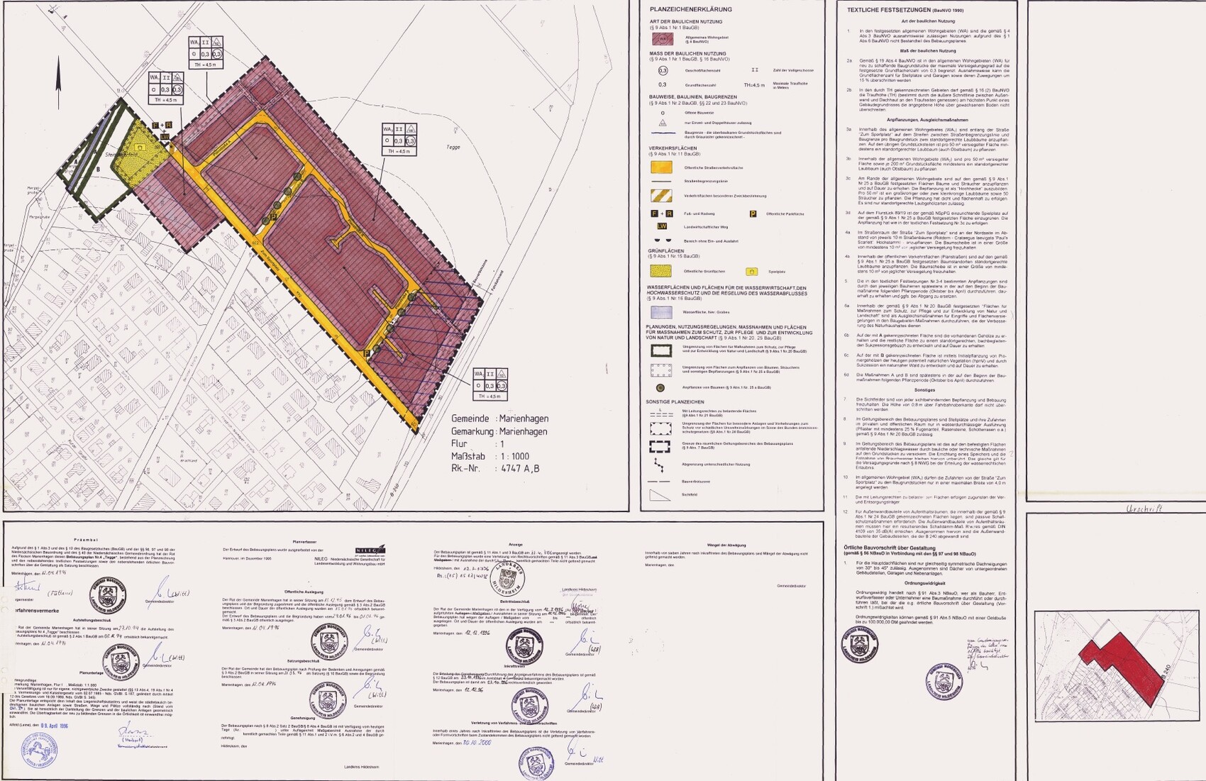 Lageplan eines Baugebietes: violette Fläche, gelbe Straßen, Legende rechts.