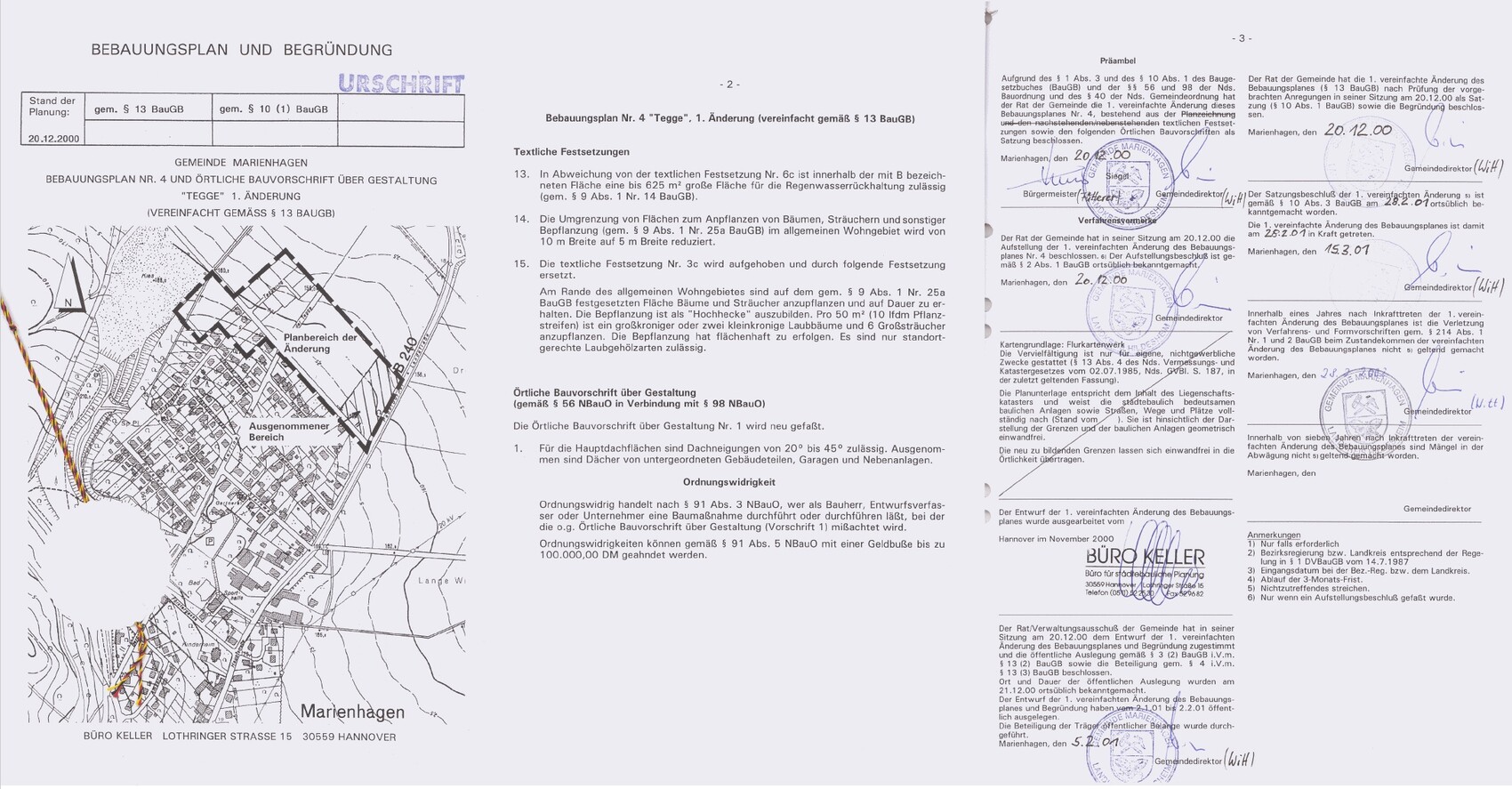 Bebauungsplan und Begründung: Karte Planbereich, Text und Unterschriften