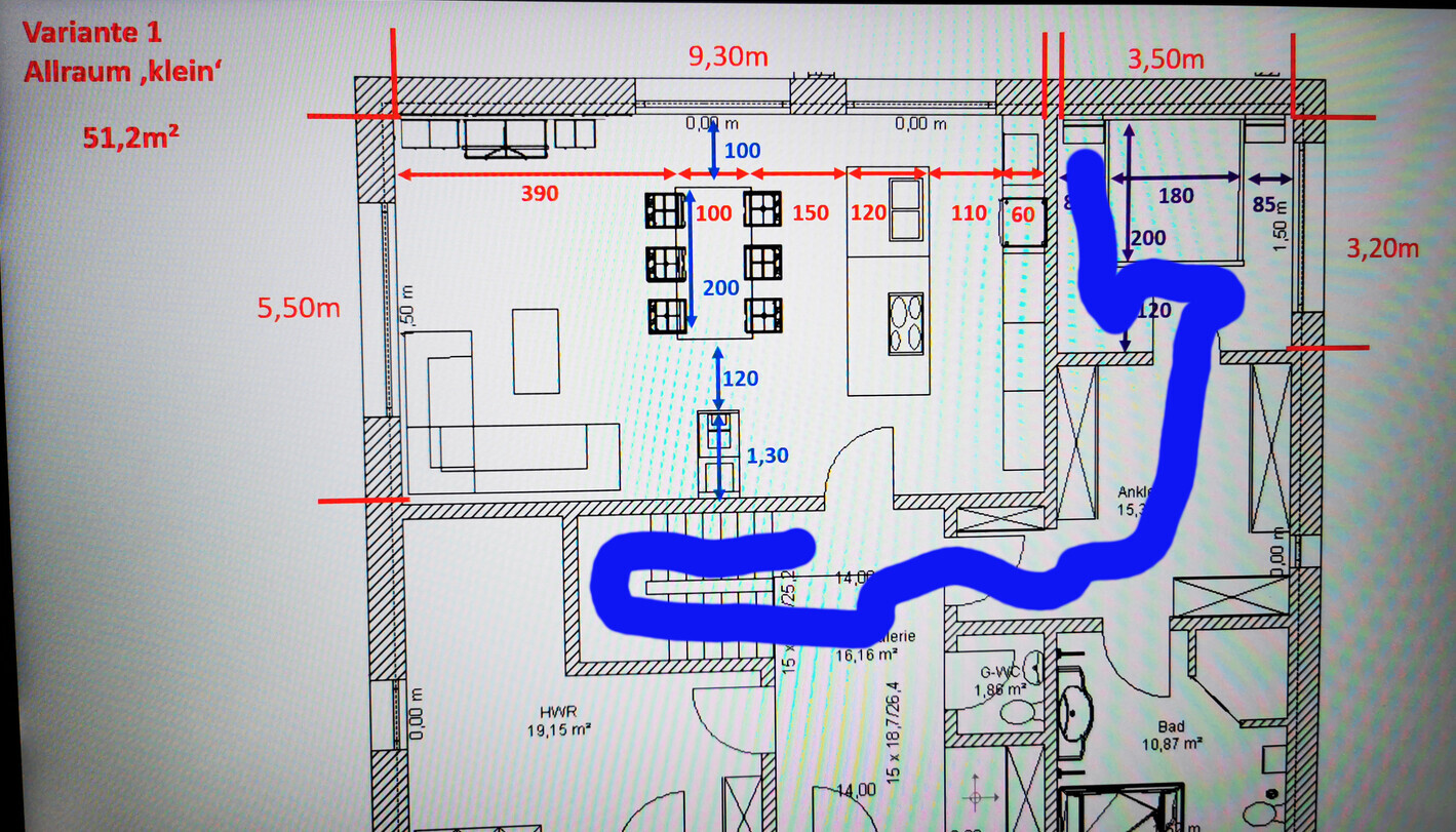 Floor plan: Version 1 small open space with dining table, sofa, kitchen, bathroom, utility room, blue route.