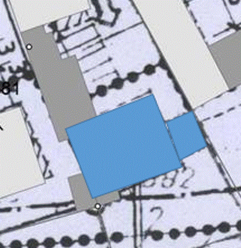 Map view with blue square over a floor plan/design, lines and nodes visible