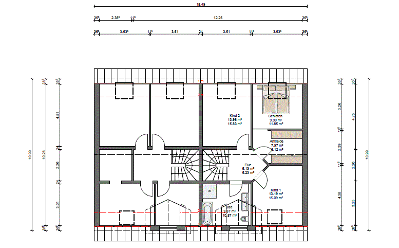 Floor plan of an attic: hallway, stairs, bathroom, bedroom, walk-in closet, two children’s rooms