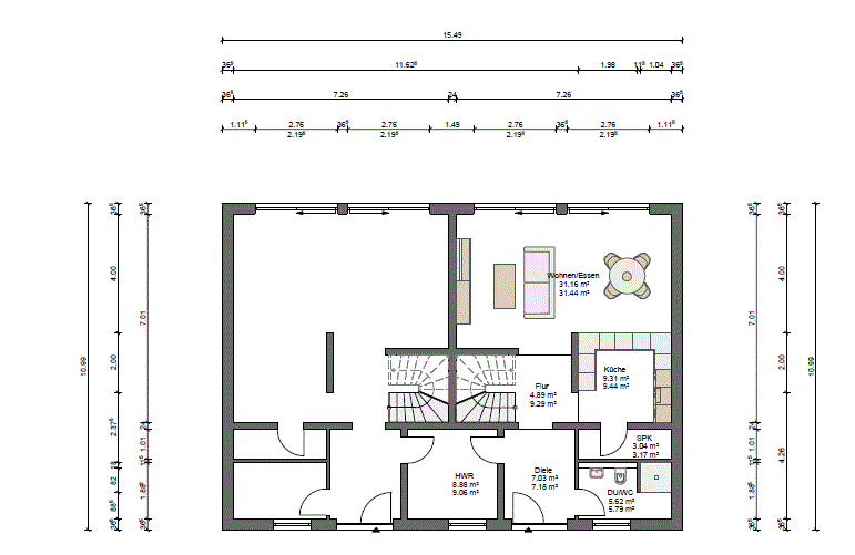 Floor plan of a house: living/dining area, kitchen, hallway, entrance hall, utility room, stairs, shower/toilet