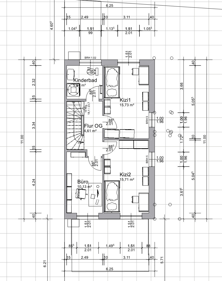 First floor plan: two children’s rooms, office, hallway, children’s bathroom.