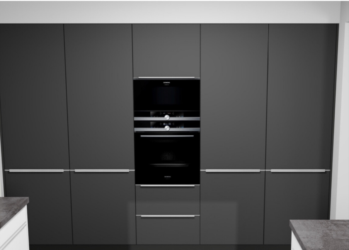 Modern gray kitchen fronts with centrally built-in oven stack and stainless steel handles.