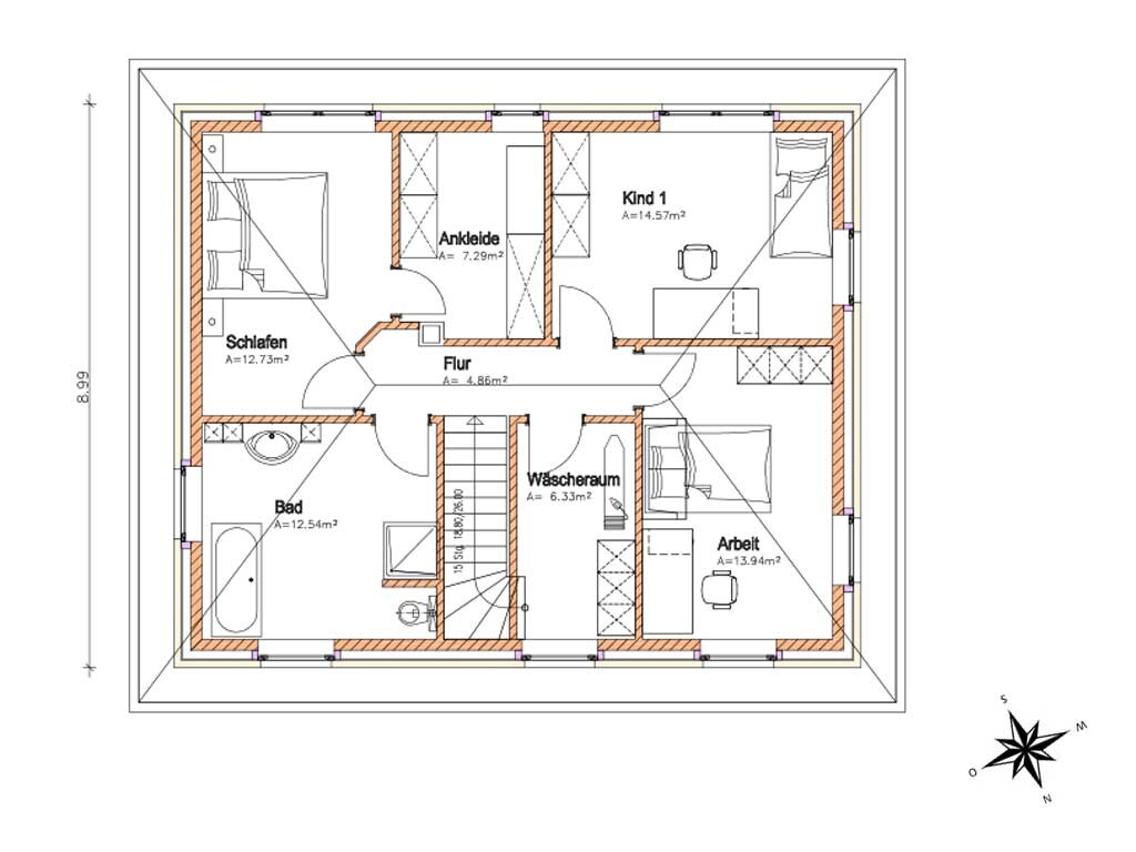 Upper floor plan: corridor, bedroom, dressing room, bathroom, laundry room, office, child’s room.