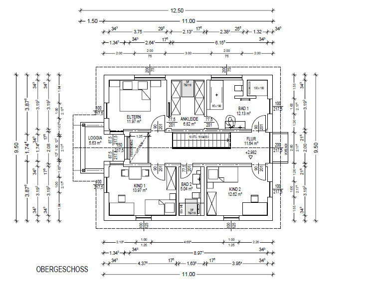 2D-Obergeschoss-Grundriss mit Eltern- und Kinderzimmern, Ankleide, Bad 1 & 2, Flur und Loggia