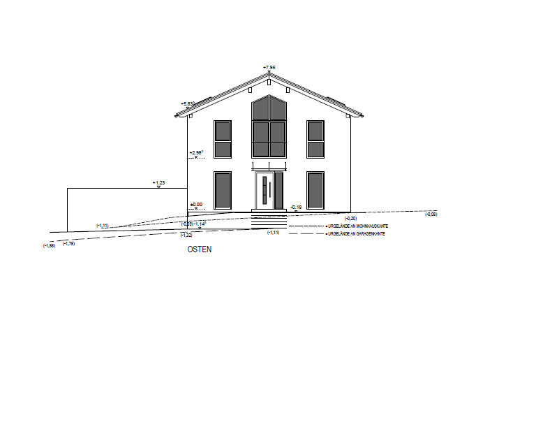 Vorderansicht eines zweigeschossigen Hauses mit Giebeldach, Fenstern und Tür, Ostseite