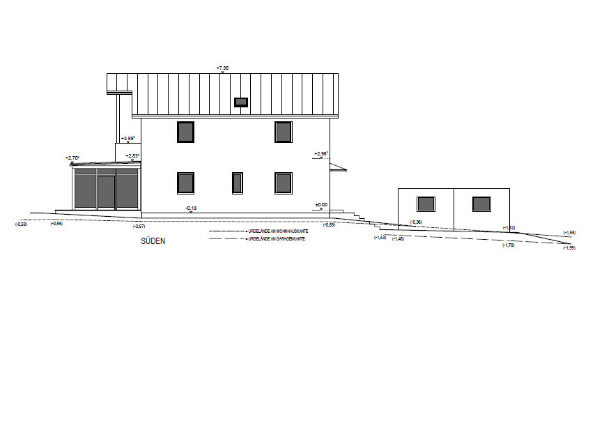 Architektonische Seitenansicht eines zweistöckigen Hauses mit Terrasse, technische Zeichnung.