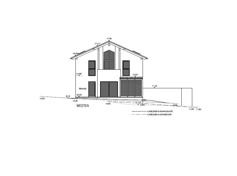 Außenansicht eines modernen Hauses mit Terrasse, Westen orientiert