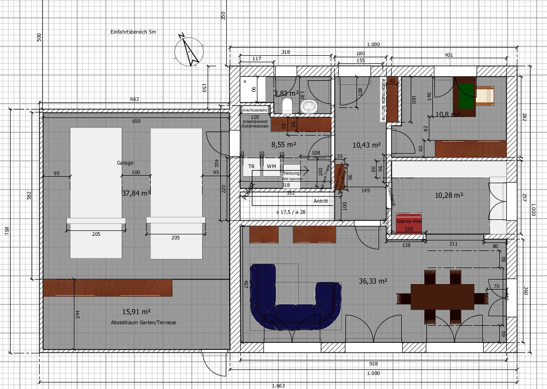 Floor plan of a house with garage, living room, kitchen, dining area, staircase, and terrace.